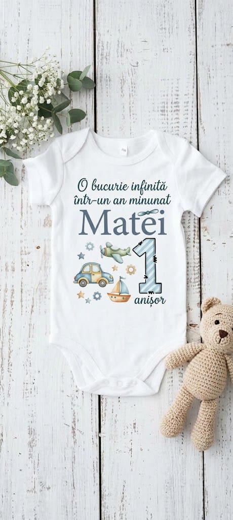 Body personalizat 1 an – Matei, mașinuță, avion și bărcuță