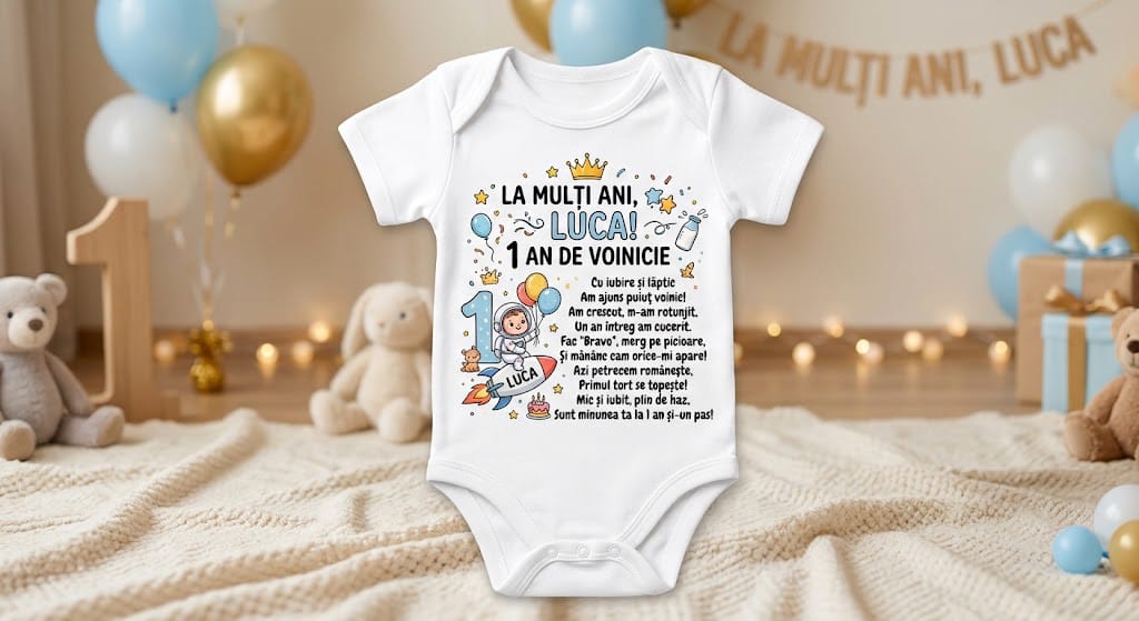 Body personalizat 1 an – Luca, poezie aniversară și astronaut