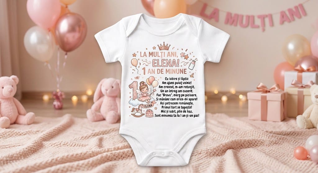 Body personalizat 1 an – Elena, poezie aniversară și ilustrații roz