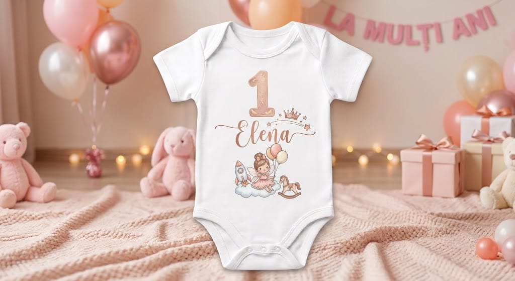 Body personalizat pentru primul an – Elena, baloane și căluț