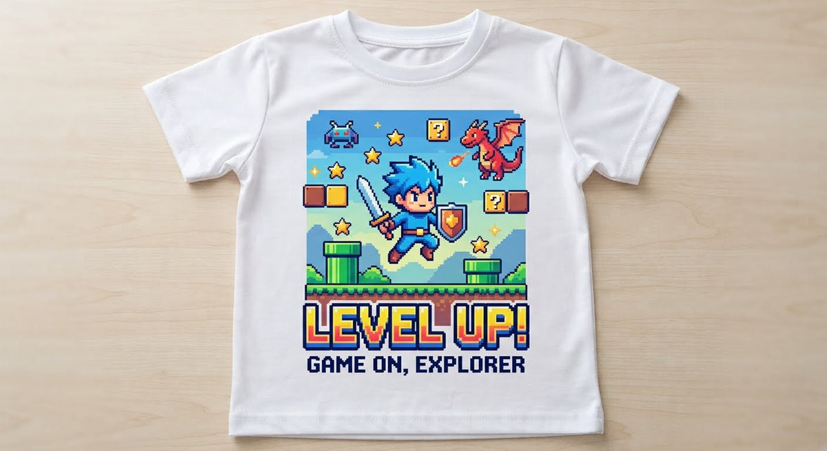 Tricou personalizat copii – Level Up! Game On, Explorer, pixel art
