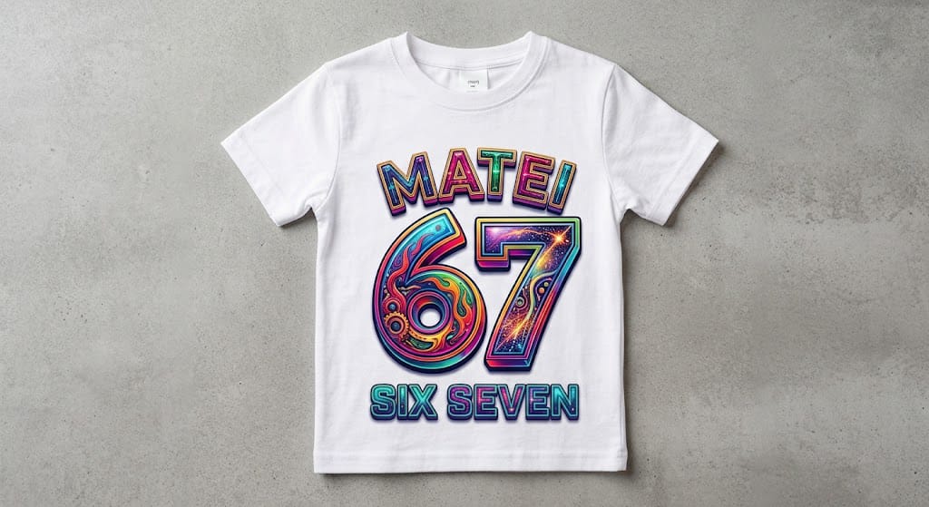 Tricou personalizat copii cu nume – Matei, 67 Six Seven, design neon