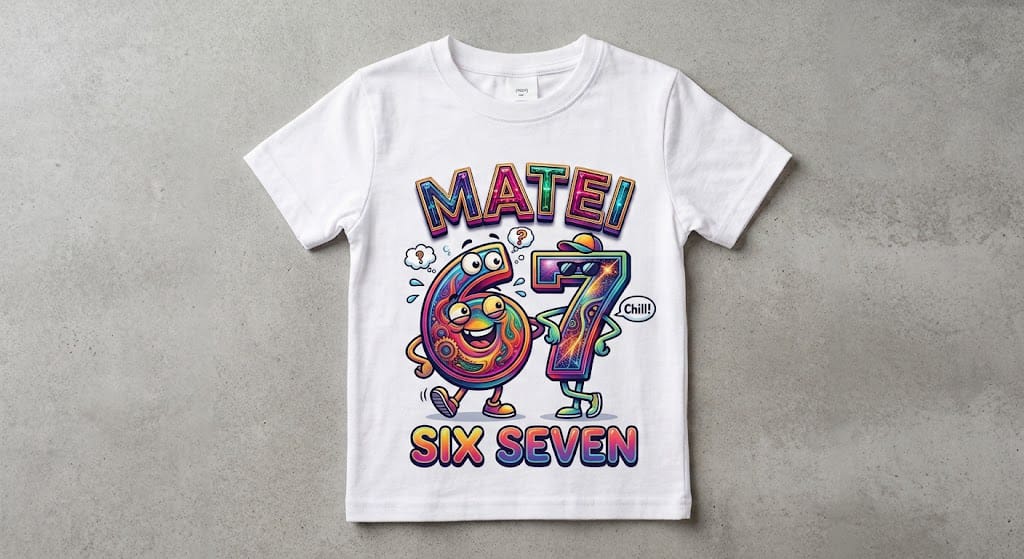 Tricou personalizat copii cu nume – Matei, Six Seven, cifre-personaje Chill