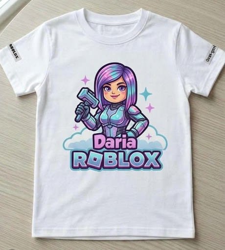 Tricou personalizat copii cu nume – Daria, Roblox cu personaj mov și turcoaz