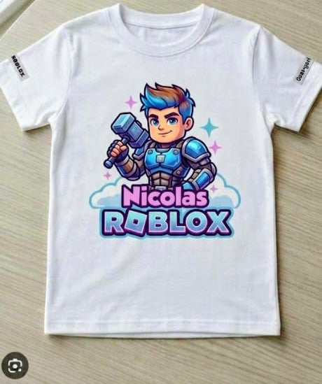 Tricou personalizat copii cu nume – Nicolas, Roblox cu erou și ciocan