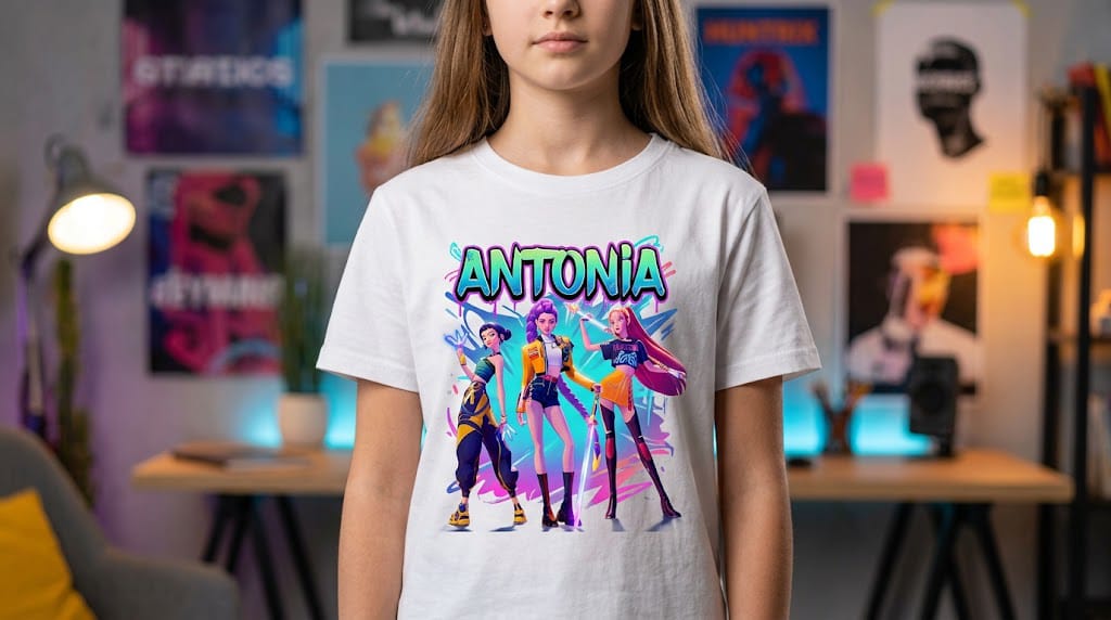 Tricou personalizat copii cu nume – Antonia, trei personaje și decor turcoaz-roz
