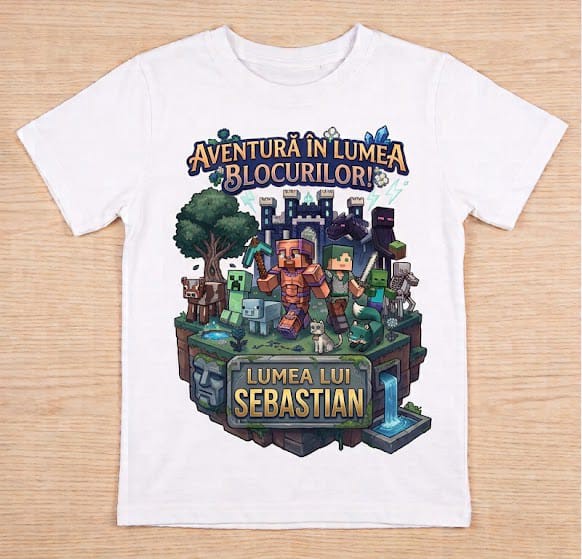 Tricou personalizat copii cu nume – Lumea lui Sebastian, aventură în lumea blocurilor