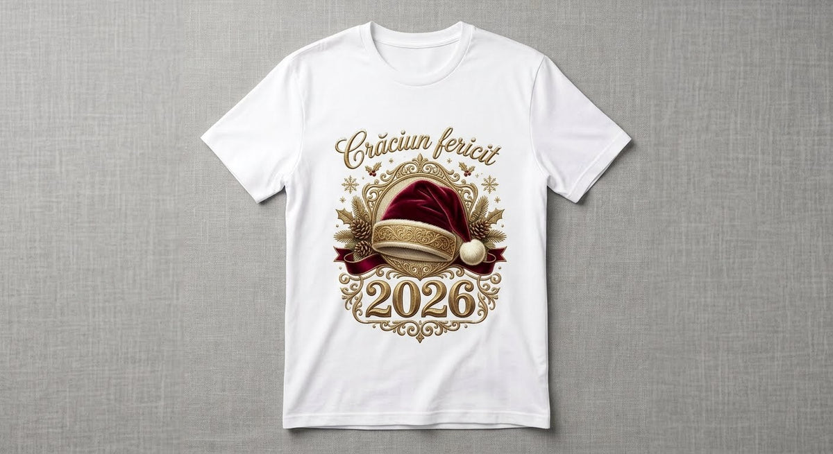 Tricou bărbați „Crăciun fericit 2026”, cu căciulă festivă