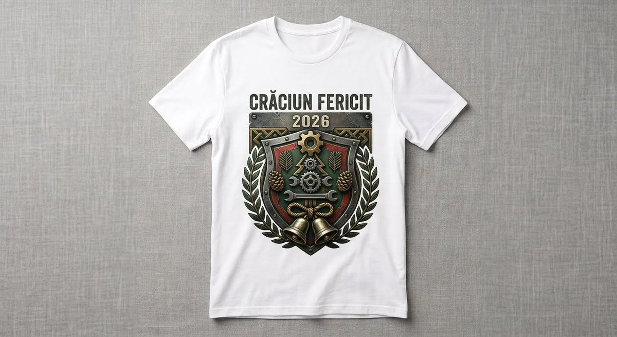 Tricou bărbați „Crăciun fericit 2026”, cu scut și roți dințate
