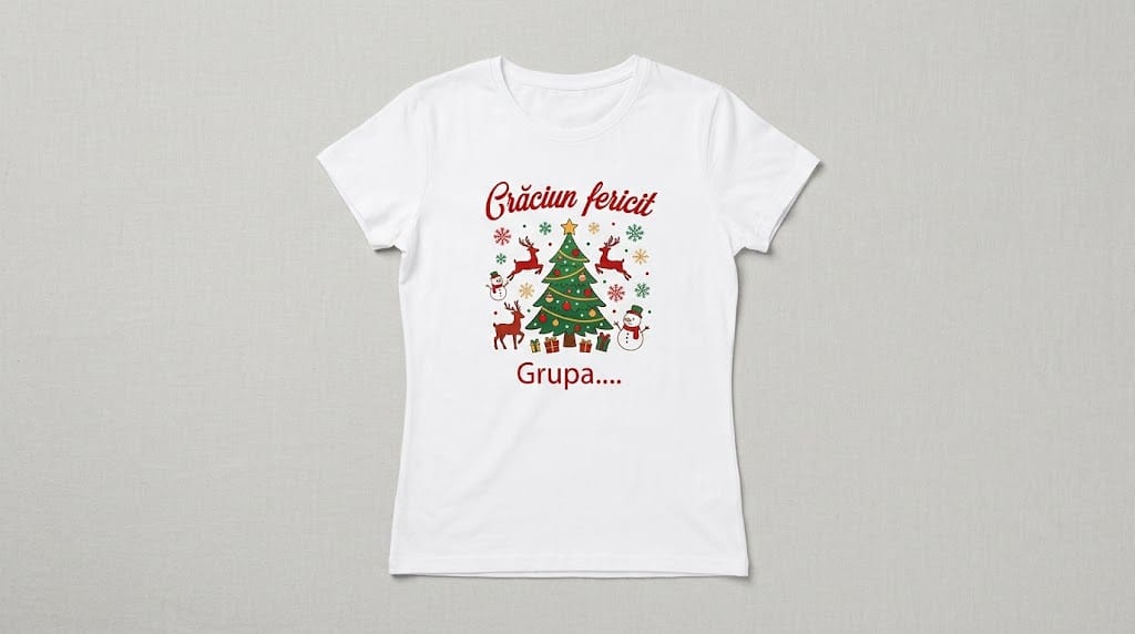 Tricou personalizat femei – Crăciun fericit, brad, reni și oameni de zăpadă