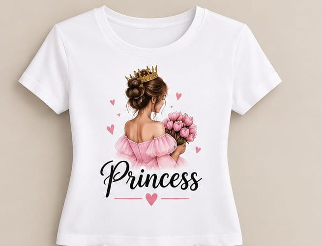 Tricou personalizat femei – Princess, coroană și buchet de lalele roz