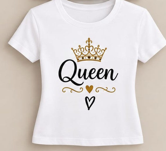 Tricou personalizat femei – Queen, coroană aurie și inimioare