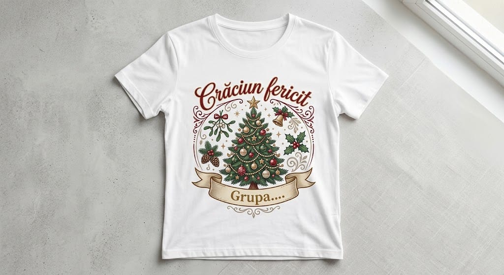 Tricou personalizat femei – Crăciun fericit, brad împodobit și grupa