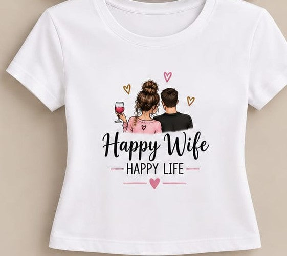 Tricou personalizat femei – Happy Wife, Happy Life, cuplu și inimioare
