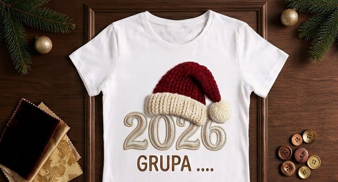 Tricou personalizat femei Crăciun 2026 – Grupa, căciulă cu efect de tricot