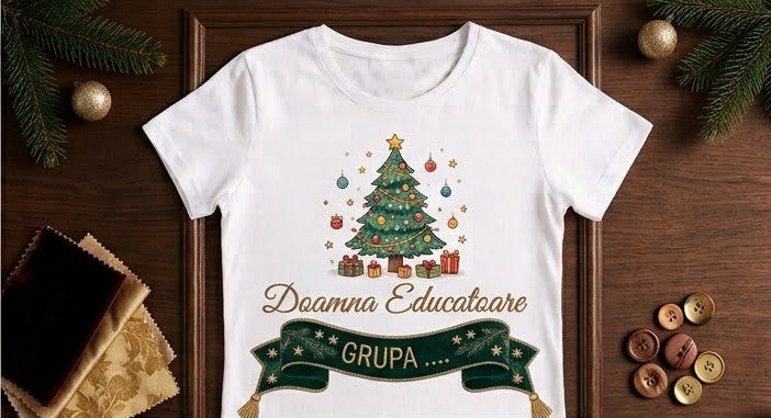 Tricou personalizat femei – Doamna Educatoare, brad și panglică verde