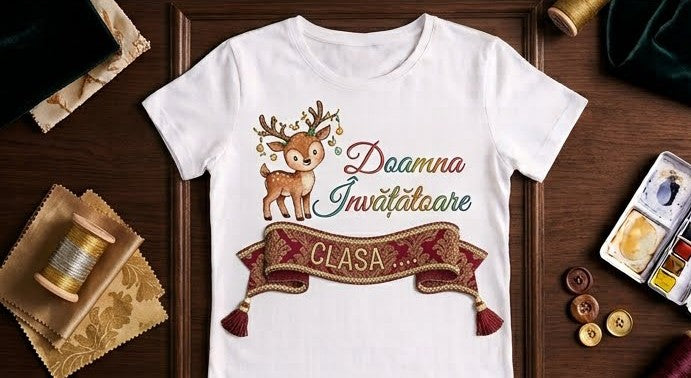 Tricou personalizat femei – Doamna Învățătoare, ren și clasa