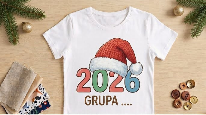 Tricou personalizat femei Crăciun 2026 – Cifre pastel, căciulă și grupa