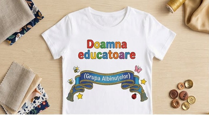 Tricou personalizat femei – Doamna educatoare, Grupa Albinuțelor, panglică albastră