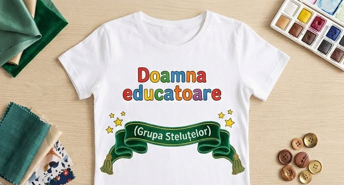 Tricou personalizat femei – Doamna educatoare, Grupa Steluțelor, panglică verde
