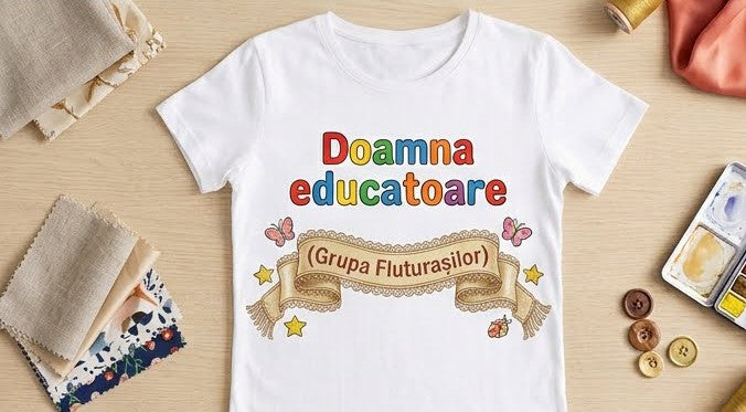 Tricou personalizat femei – Doamna educatoare, Grupa Fluturașilor, panglică crem