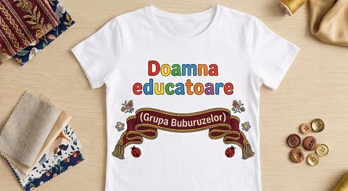 Tricou personalizat femei – Doamna educatoare, Grupa Buburuzelor, panglică bordo