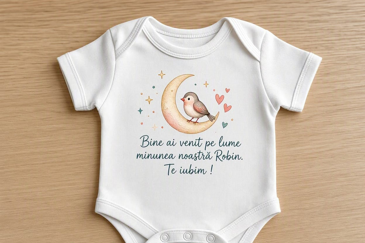 Body personalizat cu nume – Bine ai venit pe lume, Robin, păsărică pe semilună