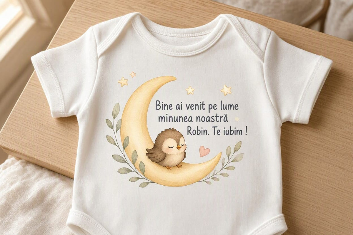 Body personalizat cu nume – Bine ai venit Robin, păsărică adormită și ramuri