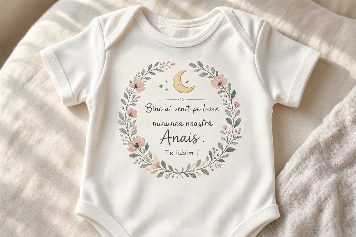 Body personalizat cu nume – Bine ai venit pe lume, Anais, coroniță florală