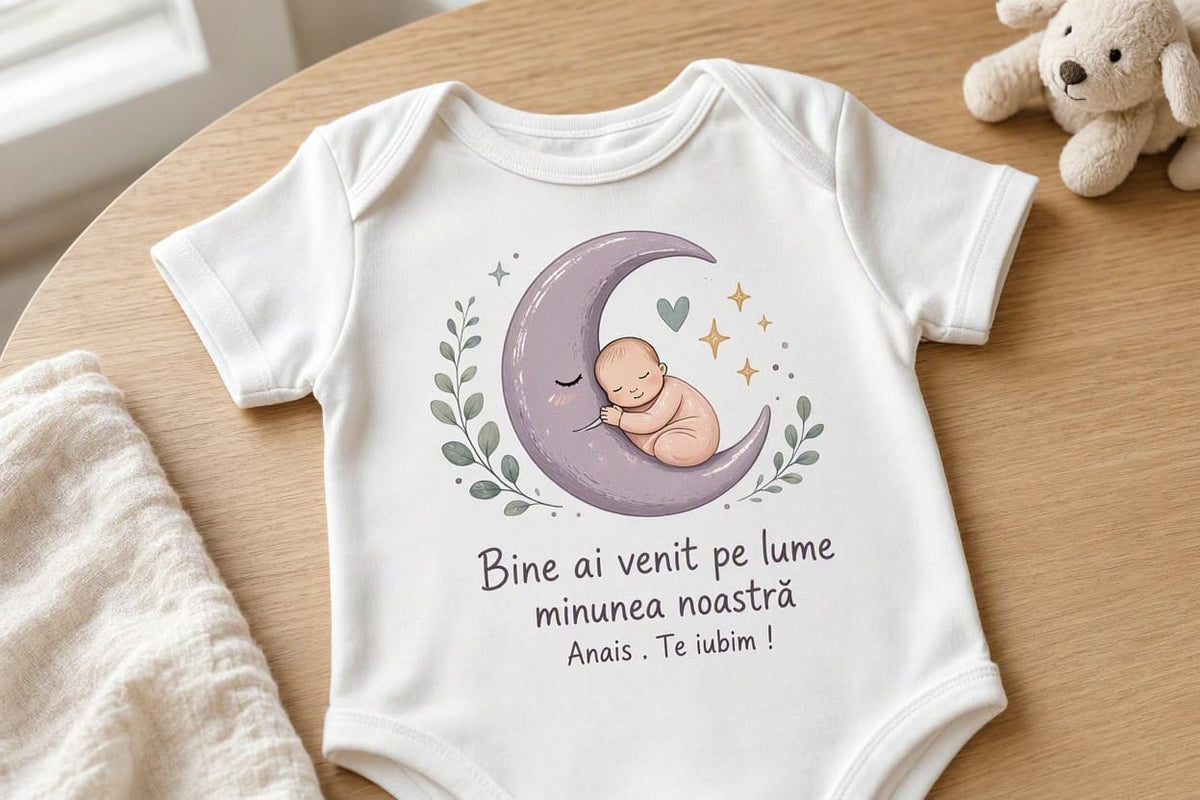 Body personalizat cu nume – Bine ai venit Anais, bebeluș pe semilună mov