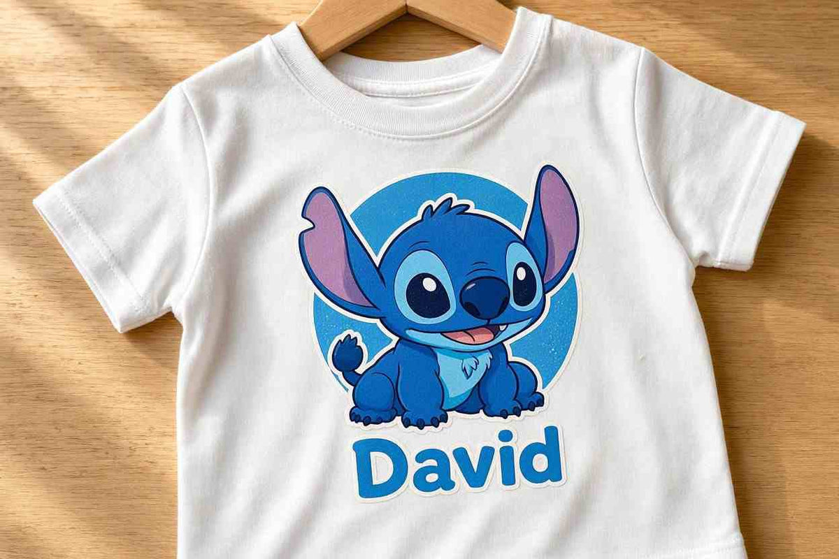 Tricou personalizat copii cu nume – David, Stitch pe cerc turcoaz