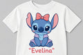 Tricou personalizat copii cu nume – Evelina, personaj albastru cu fundiță roz