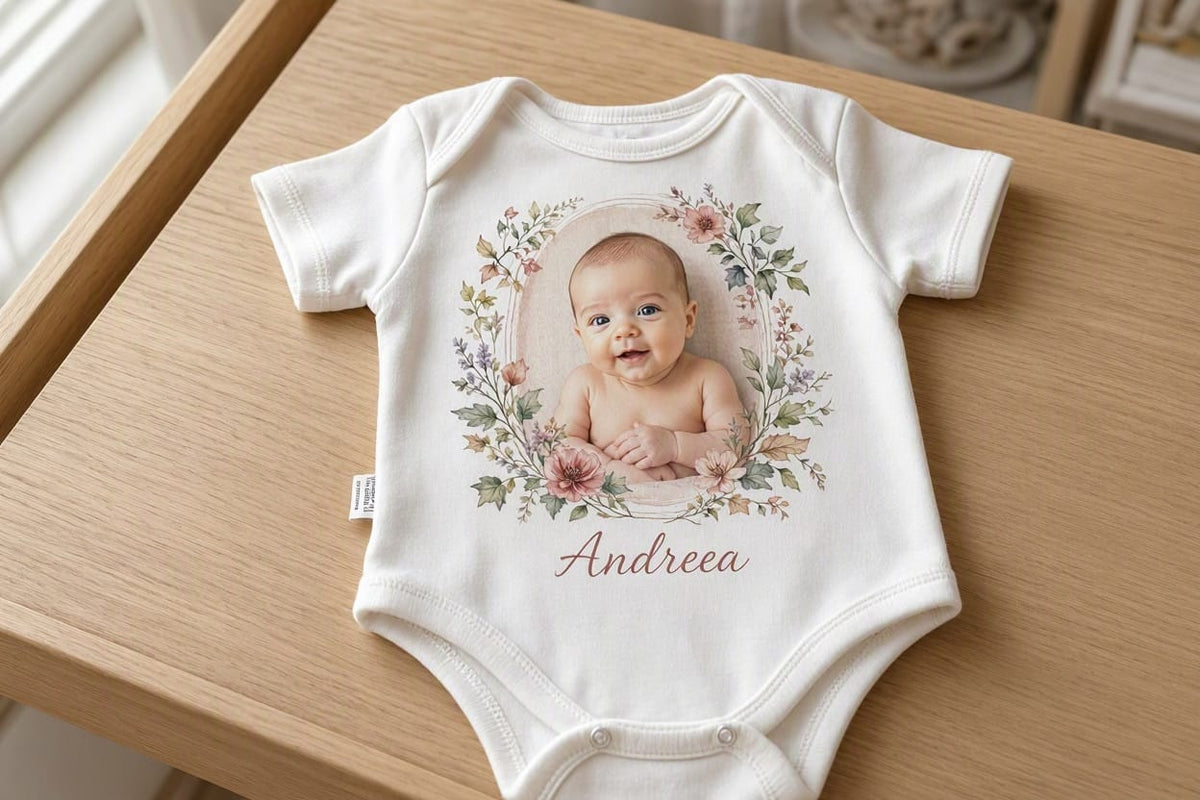 Body personalizat copii cu fotografie și nume – Andreea, coroniță florală ovală