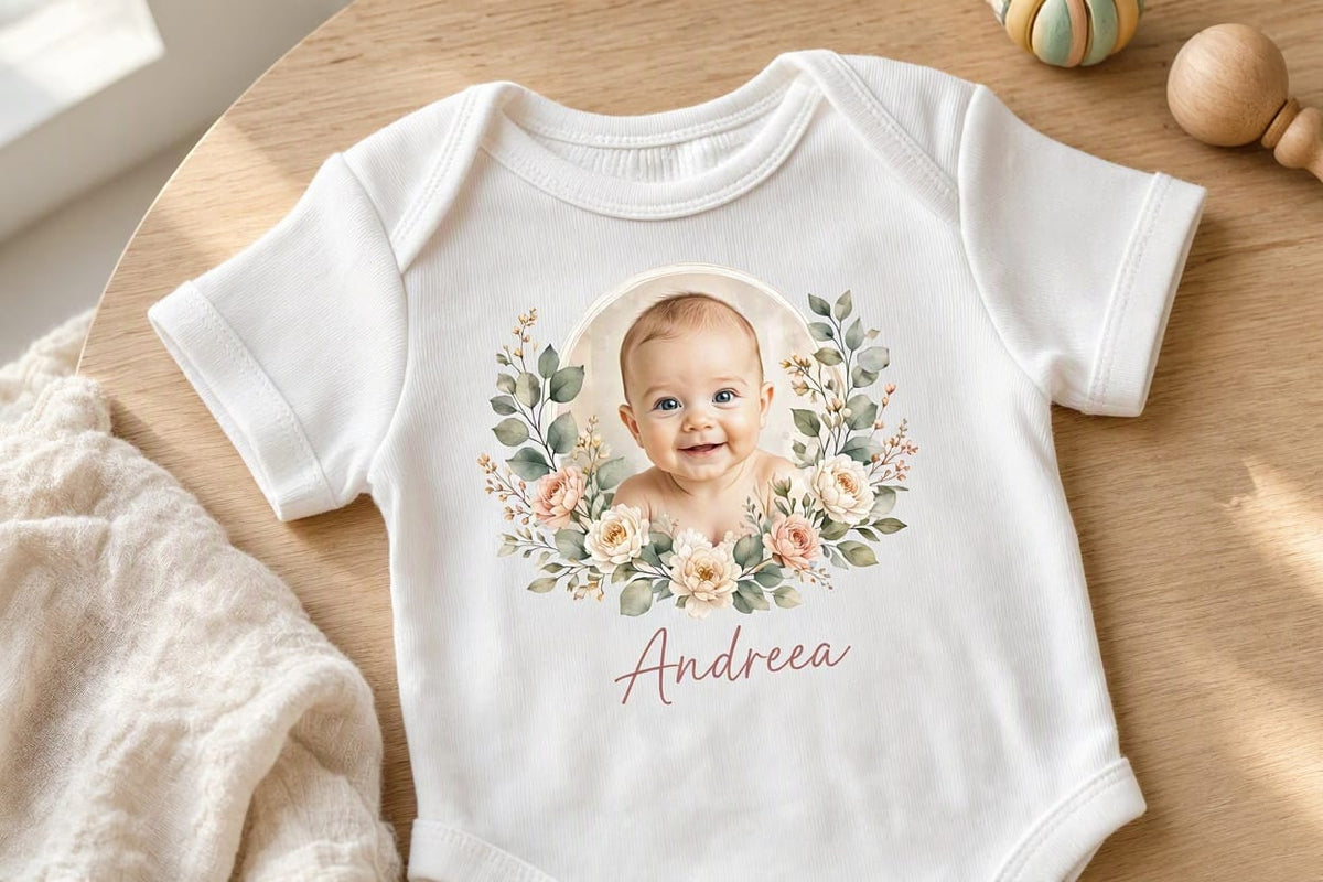 Body personalizat copii cu fotografie și nume – Andreea, flori crem și roz pal