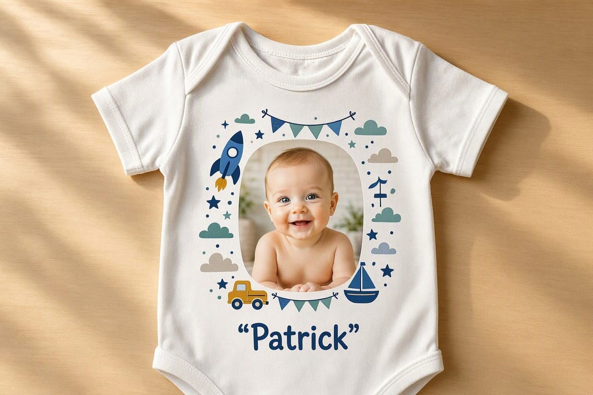Body personalizat copii cu fotografie și nume – Patrick, camion și stegulețe