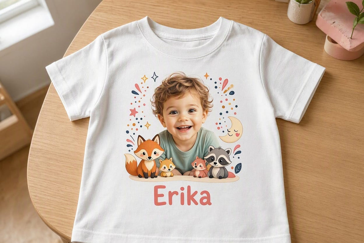 Tricou personalizat copii cu fotografie și nume – Erika, vulpițe și raton