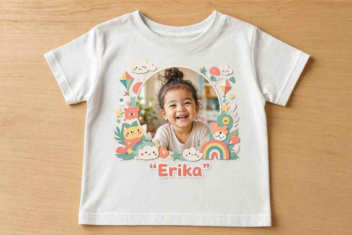 Tricou personalizat copii cu fotografie și nume – Erika, curcubeu și zmee