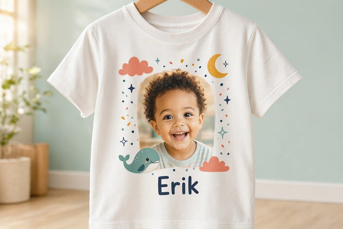 Tricou personalizat copii cu fotografie și nume – Erik, balenă și semilună