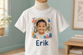 Tricou personalizat copii cu fotografie și nume – Erik, animăluțe și frunze