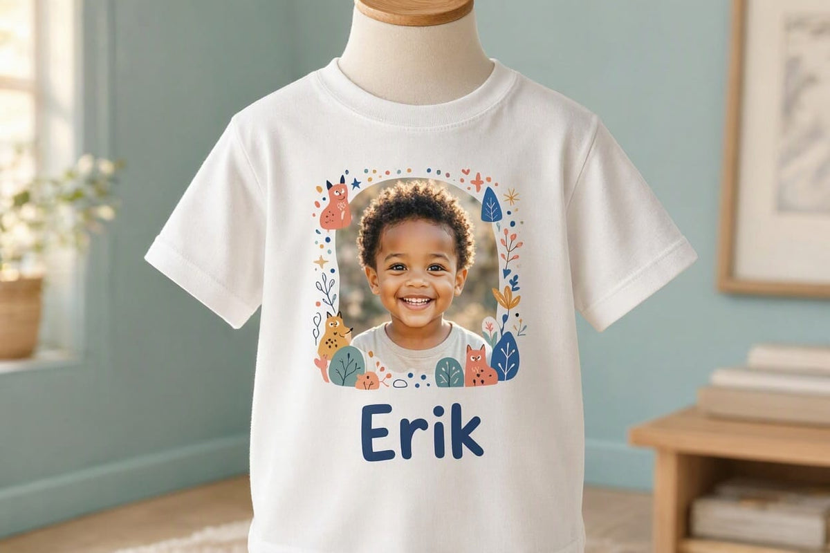 Tricou personalizat copii cu fotografie și nume – Erik, animăluțe și frunze