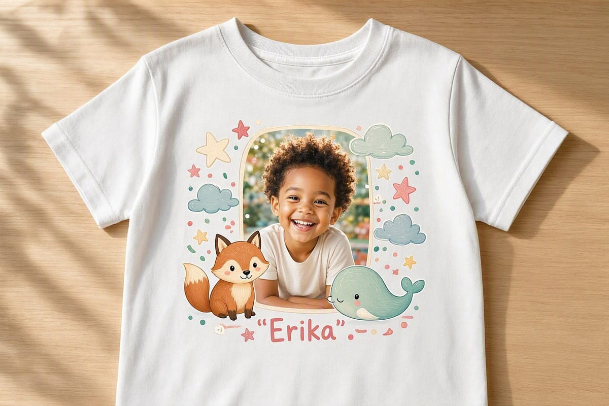 Tricou personalizat copii cu fotografie și nume – Erika, vulpiță și balenă