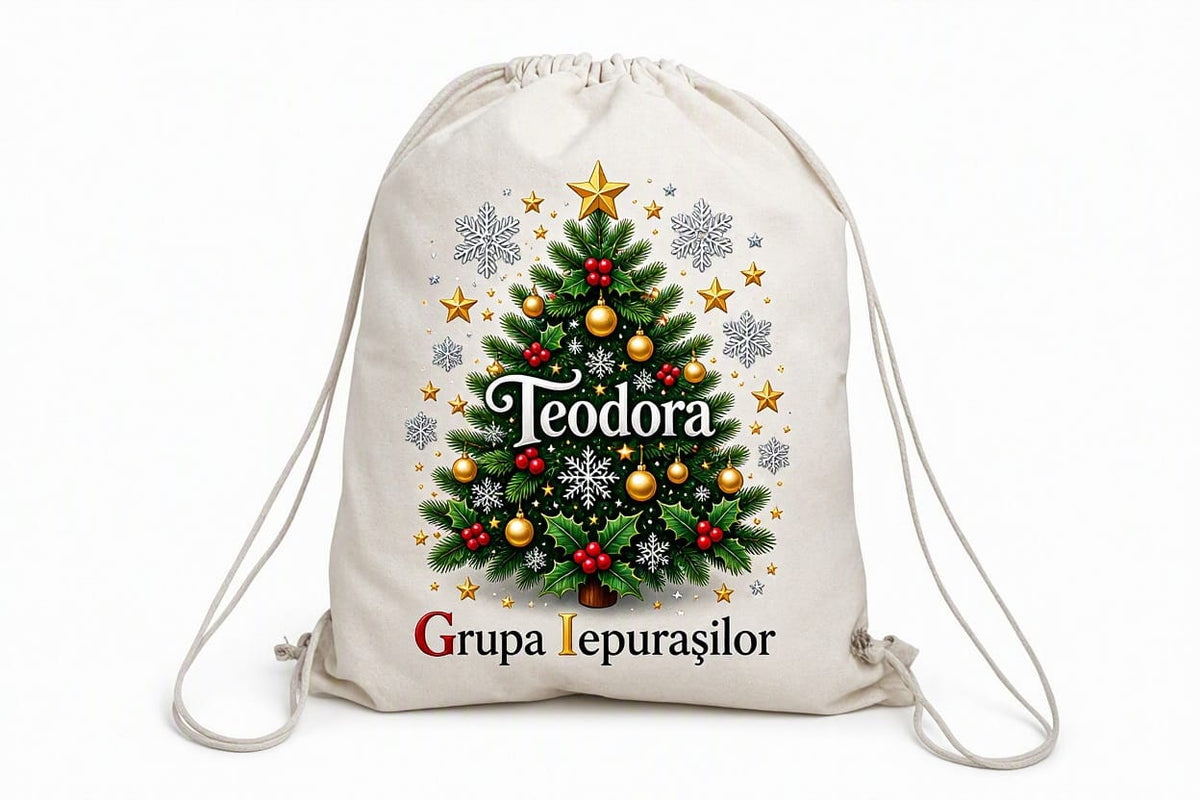 Săculeț personalizat de Crăciun cu brad, nume și grupă