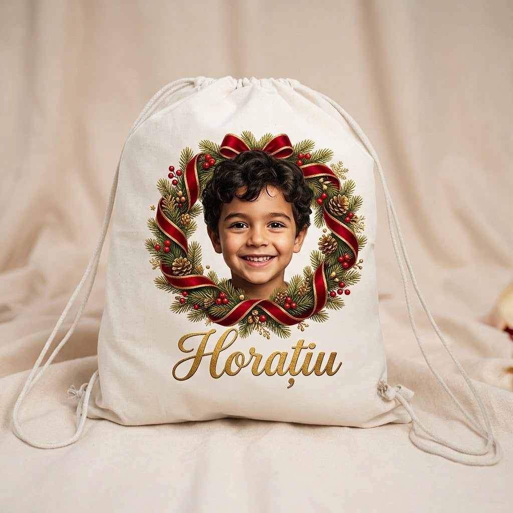 Săculeț personalizat de Crăciun cu fotografie și nume