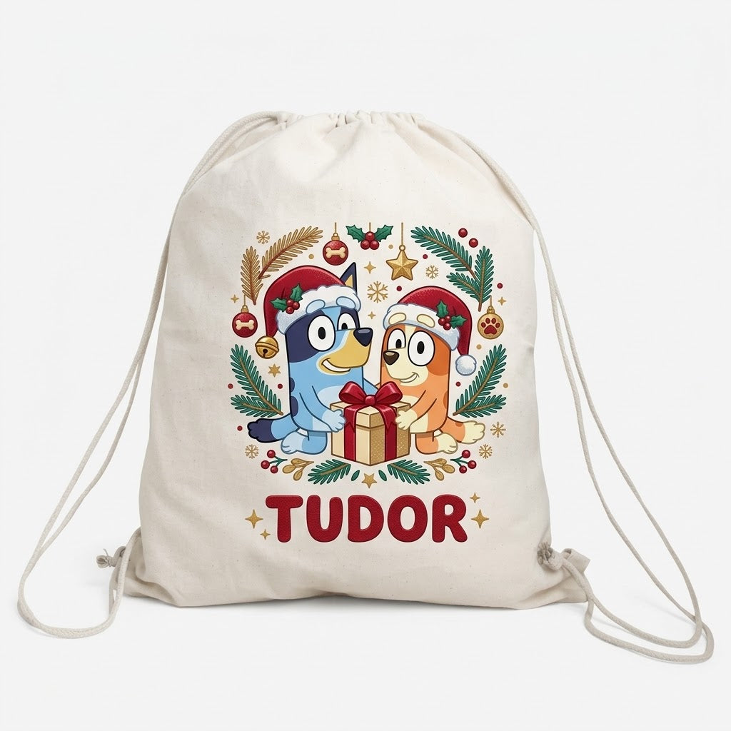 Săculeț personalizat de Crăciun cu Bluey, Bingo și nume
