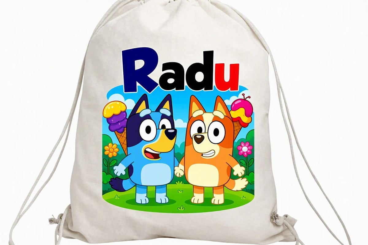 Săculeț personalizat cu Bluey, Bingo, înghețată și nume