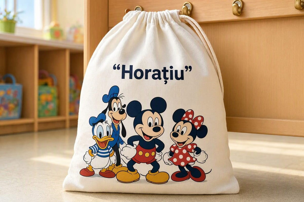 Săculeț personalizat cu Mickey, Minnie, Donald, Goofy și nume