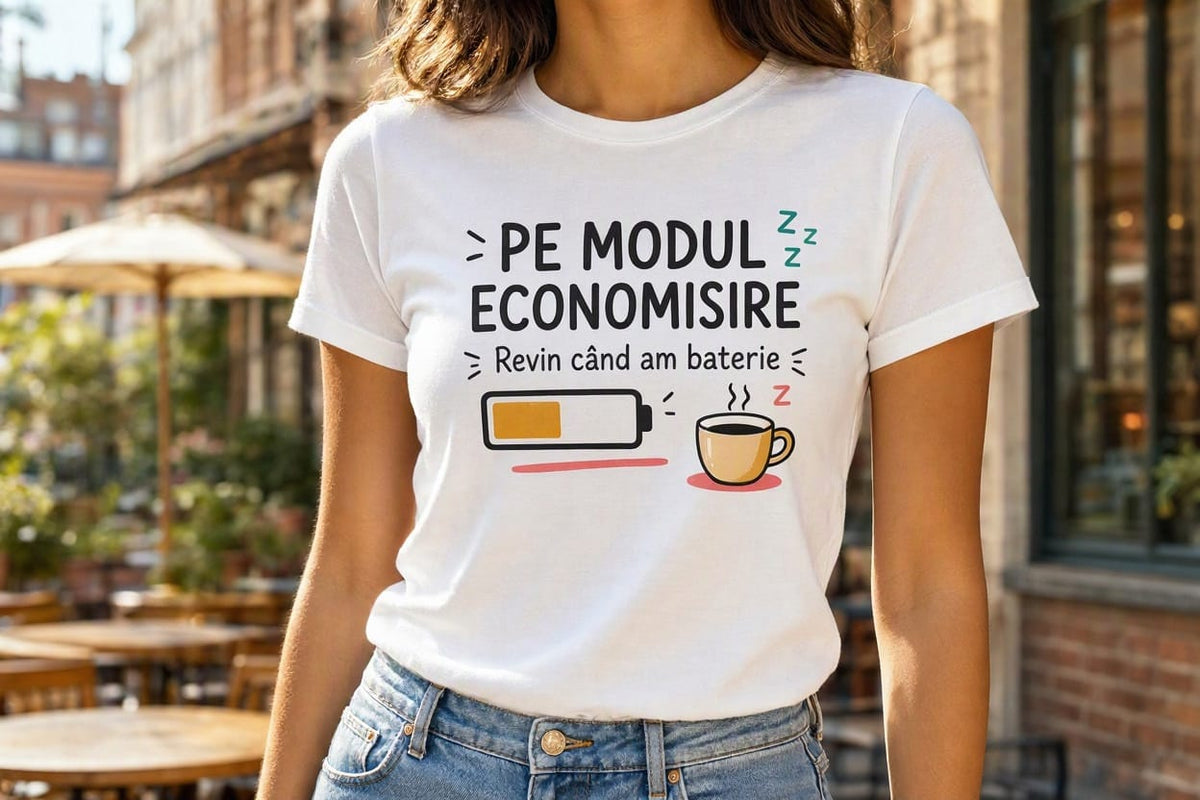 Tricou personalizat femei – Pe modul economisire, baterie și cafea