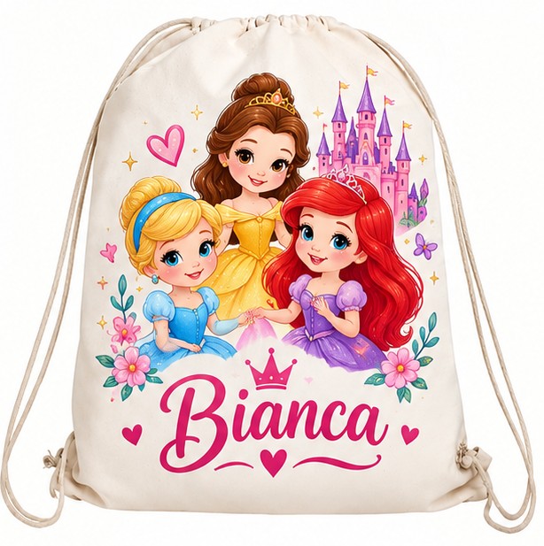 Săculeț personalizat cu trei prințese, castel și nume