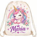 Săculeț personalizat cu unicorn, curcubeu, flori și nume