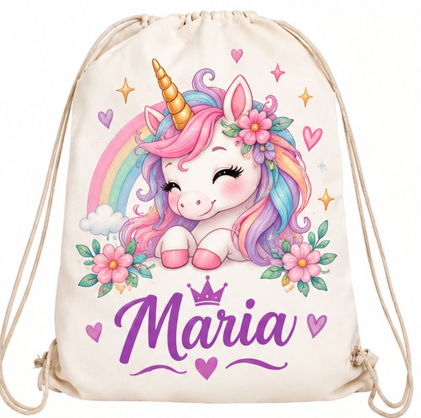 Săculeț personalizat cu unicorn, curcubeu, flori și nume